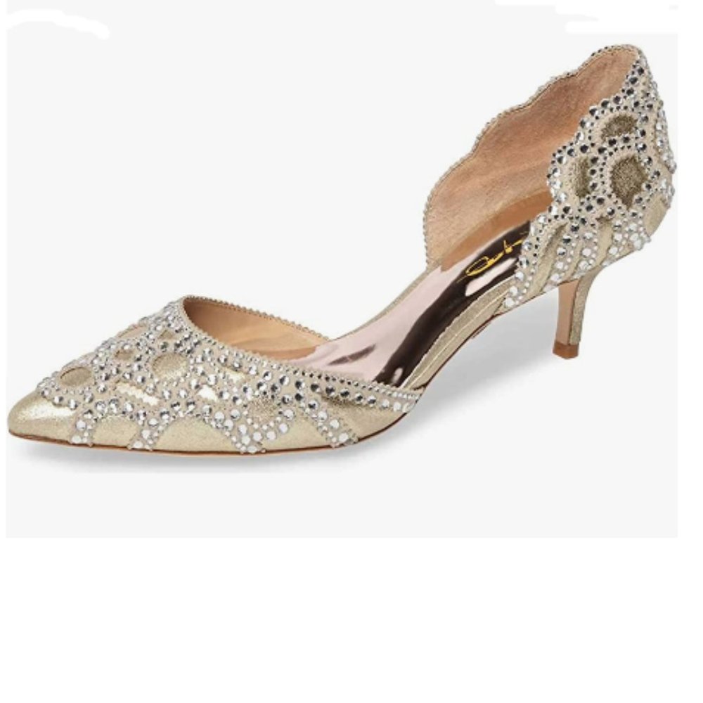 XYD Gold Pointed Toe Low Heel D'Orsay Rhineston Pumps